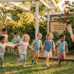 teacher leading group games for preschool kids during outdoor playtime