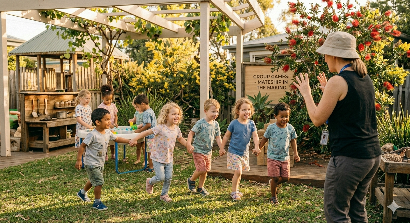 teacher leading group games for preschool kids during outdoor playtime